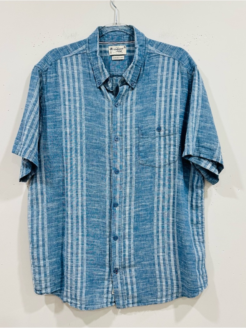 Weatherproof Vintage Linen Cotton Button Down Shirt Men XL Blue Stripe